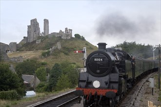 ENGLAND, Dorset, Corfe, Corfe Castle seen behind a railway line with a steam train approaching