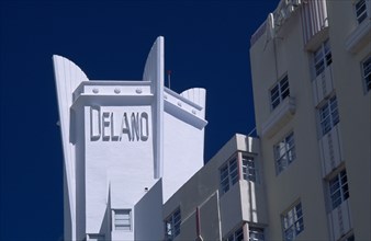 USA, Florida, Miami, South Beach. Collins Avenue. Detail of The Delano Hotel exterior