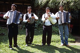 BULGARIA, Chalin Valog, "Musicians playing musical instruments, Pirin Mountain, near Bansko."