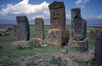 ARMENIA, Noradouz, Carved memorial stones or Khachkars dating from 13th century.