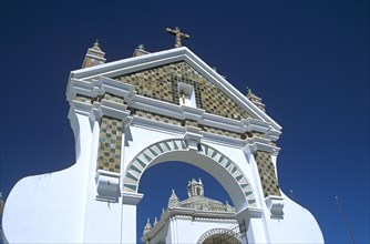 BOLIVIA, Lake Titicaca, "Arch in courtyard of Virgin of Copacabana Church, Copacabana."