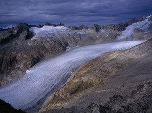 SWITZERLAND, Valais, Rhone Valley, Rhone Glacier seen from Kleine Furkahorn