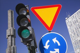 SWEDEN, Stockholm, Traffic signal and signs in Sergels Torg.