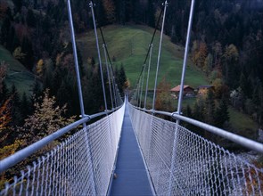 SWITZERLAND, Bernese Oberland, Engstligental , South of Lake Thunersee. Suspension footbridge over