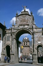 PERU, Cusco, "Arco Santa Clara and Iglesia de Santa Clara, Calle Santa Clara."