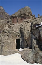 ARMENIA, Geghard, Ancient Geghard Monastery built in the 4th Century AD.  Exterior in snow with