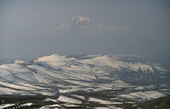 ARMENIA, Mount Ararat, "Aerial view over peaks of Mount Ararat from Voghaberd with Yerevan on the