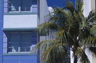 USA, Florida, Miami, South Beach. Ocean Drive. Detail of an Art Deco building with a palm tree in