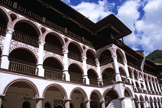 BULGARIA, Rila, "Monastic cells, balconies and courtyard, Rila Monastery."