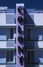 USA, Florida, Miami, South Beach. Ocean Drive. The Colony Hotel. Detail of Art Deco exterior