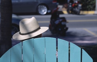 USA, Florida, Miami, South Beach. Ocean Drive. The head of a man wearing a Panama hat seen above