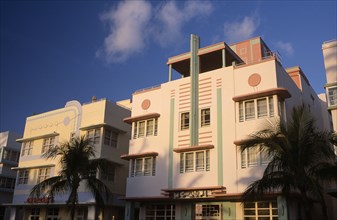 USA, Florida, Miami, South Beach. Ocean Drive. Art Deco hotel facades seen in early morning light