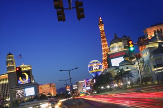 USA, Nevada, Las Vegas, Las Vegas Boulevard (The Strip) at dusk.