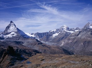 SWITZERLAND, Valais, Matterhorn , "View from Gornergrat towards snow capped mountains left to