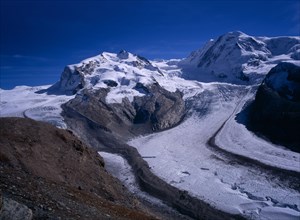 SWITZERLAND, Valais, Monte Rosa Mountains, "Snow covered mountains left to right, Dufourspitze