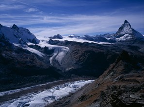 SWITZERLAND, Valais, Matterhorn, View south west  from Gornergrat over Gorner Glacier Water Theodul