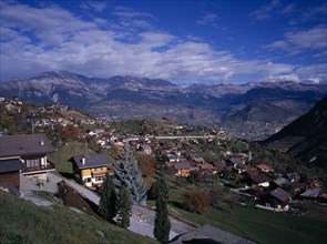 SWITZERLAND,  Valais, Vex, View over the rooftops of the village. South of Sion in the Rhone Valley