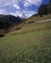 SWITZERLAND, Valais, Zermatt, Upper Mattertal. Green grass slopes with snow capped Matterhorn