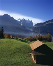 SWITZERLAND, Bernese Oberland, Bern, Hasliberg farmland north of Meringen. Farm building and cattle