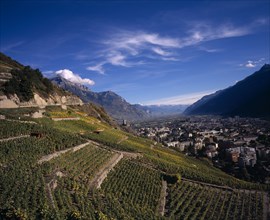 SWITZERLAND, Valais, Martigny, Elevated view east along Rhone Valley above Vinyards and Town of