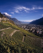 SWITZERLAND, Valais, Martigny, Elevated view east along Rhone Valley above Vinyards and town