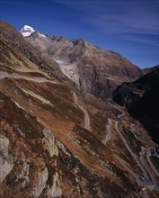 SWITZERLAND, Valais, Grimsel Pass, The Upper Rhone Valley with the Grimsel Pass in the foreground.