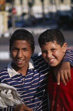 EGYPT, Portraits, Children, Portrait of two boys smiling with one boys arm over others shoulder