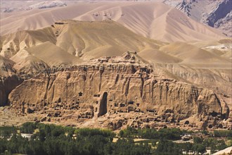 AFGHANISTAN, Bamiyan Province, Bamiyan , View of Bamiyan valley showing cliffs with empty niche
