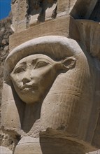 EGYPT, Nile Valley, Thebes, Deir-el-Bari. Hepshepsut Mortuary Temple. Carved column with head of