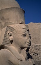 EGYPT, Nile Valley, Thebes, "Deir el-Bahri, Hatshepsut Mortuary Temple. Side profile of defaced