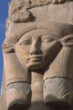 EGYPT, Nile Valley, Thebes, Deir-el-Bari. Hepshepsut Mortuary Temple. Carved column with head of