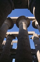 EGYPT, Nile Valley, Karnak, Temple Of Amun. Coloumns in the Great Hypostyle Hall. Angled view