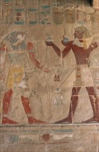 EGYPT, Nile Valley, Thebes, Deir-el-Bahri. Hatshepsut Mortuary Temple. Chapel of Anubis. Relief of