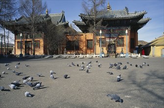 MONGOLIA, Ulaan Baatar, Gandan Hiid Buddhist monastery exterior facade with pigeons in courtyard in
