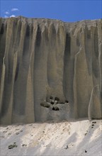 NEPAL, Mustang, Organ Pipe, Cave dwellings cut into ‘organ pipe’ shaped cliff formations near Yara