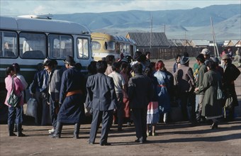 MONGOLIA, Moron, Waiting crowd at bus station in northern town.