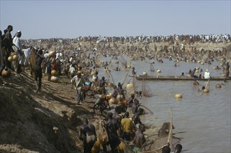 NIGERIA, North, Argungu, "Fishing Festival, mass of men and nets along stretch of river and bank."