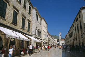 CROATIA, Dalmatian Coast, Dubrovnik, Looking along Stradun to Bell tower (Gradski Zvonik). Former