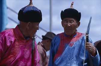 MONGOLIA, Ulan Bator, Nadam  National Day celebrations 2 veterans in fine traditional tunics and