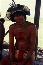 BRAZIL, Mato Grosso, Indigenous Park of the Xingu, Portrait of Panara elder Kokridi  with face and
