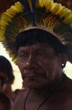 BRAZIL, Mato Grosso, Indigenous Park of the Xingu, Portrait of respected Panara elder  Krekon