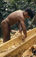 COLOMBIA, Choco, Embera Indigenous People, Embera man making dug-out canoe from large hardwood tree