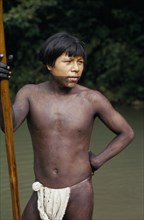 COLOMBIA, Choco, Embera Indigenous People, "Rio Verde, a young Embera  with lower face and body