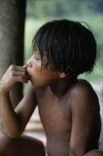 COLOMBIA, Choco, Embera Indigenous People, "Portrait of Embera boy with typical fringe haircut