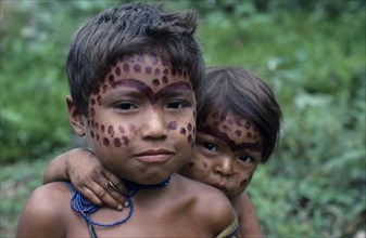 COLOMBIA, North West Amazon, Tukano Indigenous People, Portrait of two young Makuna children with