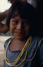 COLOMBIA, North West Amazon, Tukano Indigenous People, Portrait of young Makuna girl wearing