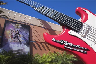 USA, Florida, Orlando, Walt Disney World Resort. Guitar outside the Aerosmith Rock N Roller Coaster