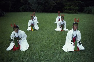 JAPAN, Honshu, Ise, Shrine maidens dance the ancient yamato mai near the Grand Shrine of Ise