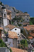 ITALY, Lombardy, Lake Garda , "Limone Sur Garda.  View over raised streets, church bell tower and