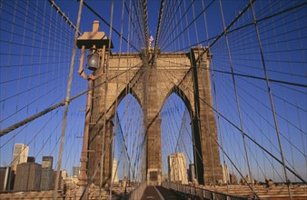 USA, New York, New York City, Brooklyn Bridge.  View across bridge towards Manhattan skyline part